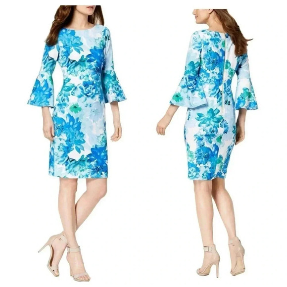 CALVIN KLEIN | Women's Scuba Crepe Floral-Print Bell-Sleeve Sheath Dress Size 4 - Picture 1 of 12